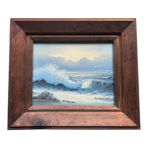 Vintage Mid Century Seascape Oil Painting in Vintage Wood Frame
