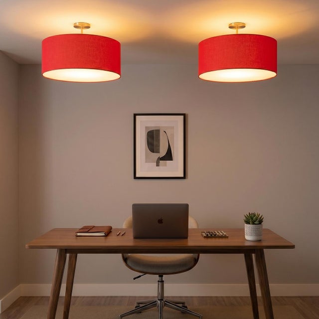 Crimson Red Linen Drum Semi Flush Mount Ceiling Light - Red Fabric Shade - Available in Satin Nickel and Weathered Brass...