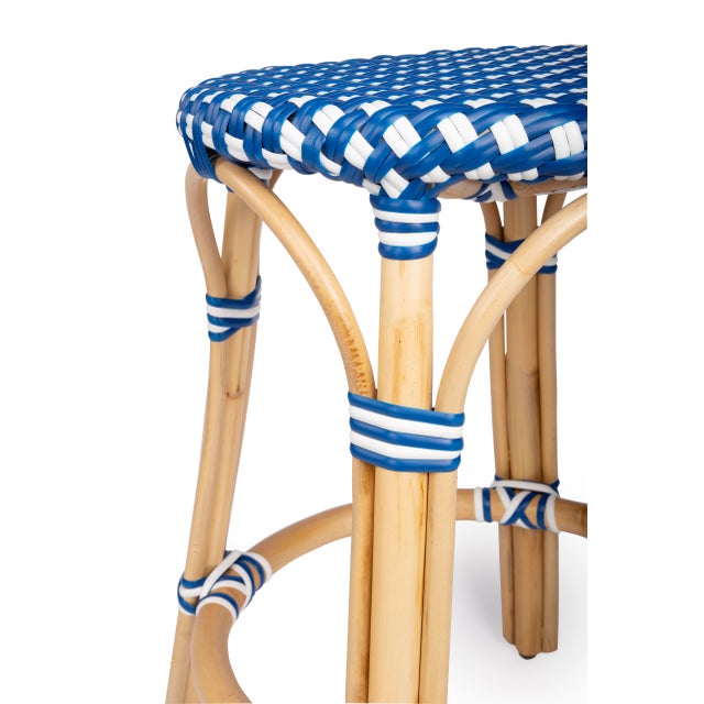 Tobias 24 in. Seat Height Round Rattan Backless Counter Stool, Blue/White Dot / Natural Rattan Frame For Sale In Chicago - Image 6 of 8