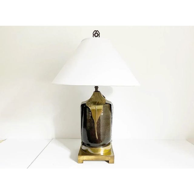 Curtis Jere 1970s Ceramic & Brass Leaves Lamp & Shade For Sale - Image 4 of 11
