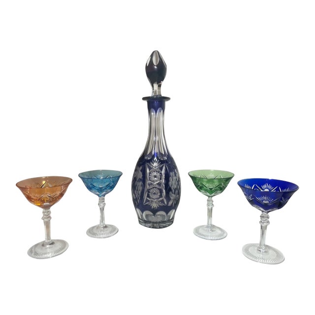Vintage 5 Piece Cut to Clear Crystal Czech Bohemian Cut Glass Decanter Set Stems For Sale