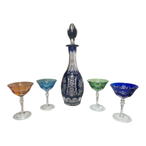 Vintage 5 Piece Cut to Clear Crystal Czech Bohemian Cut Glass Decanter Set Stems