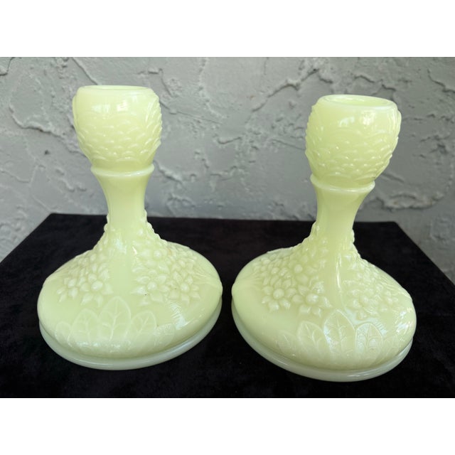 Late 20th Century Vintage Fenton Orange Tree Blossom Custard Glass Candlesticks – Pair – Uv Reactive Vaseline Glass For Sale - Image 5 of 10