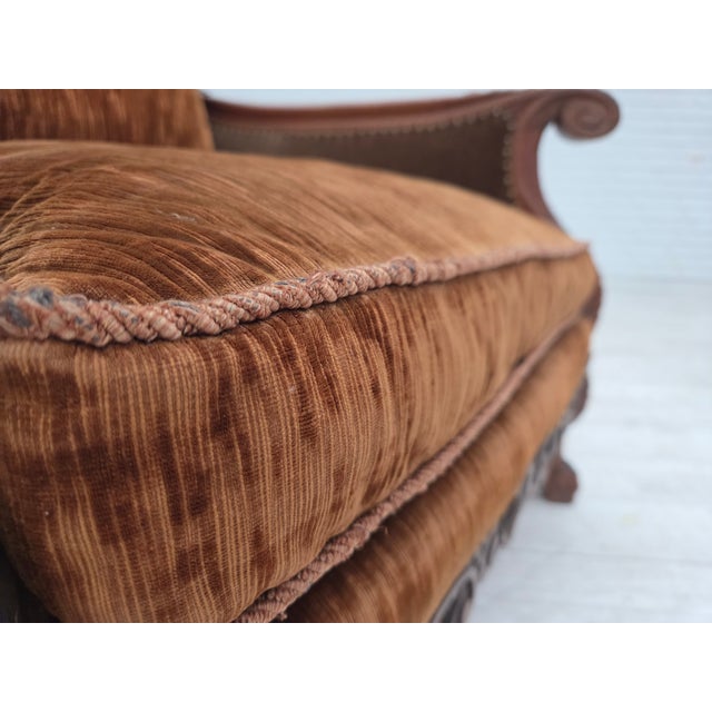 Danish Armchair in Velour and Carved Ash, 1930s For Sale - Image 4 of 18