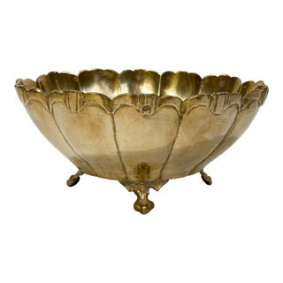 Vintage Claw Floot Brass Scalloped Edge Bowl For Sale