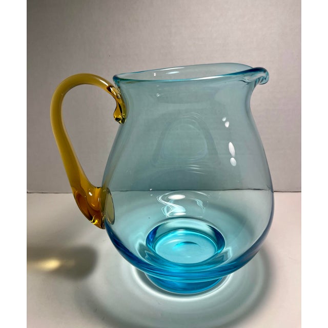 Vintage Mid-Century Modern Scandinavian Blue & Amber Hand Blown Glass Pitcher 8" For Sale - Image 4 of 8