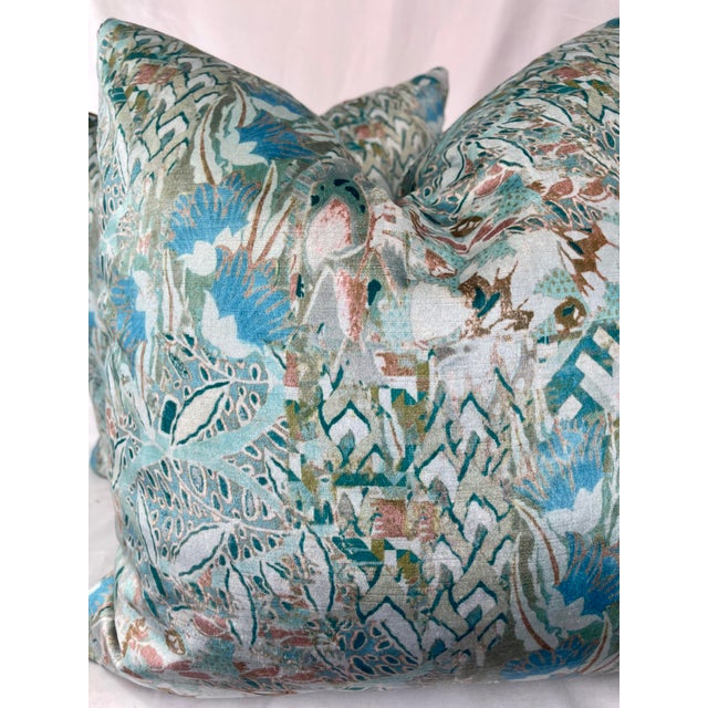 Printed Velvet in Aqua 22” Pillows-A Pair For Sale - Image 4 of 6