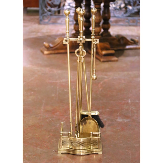 French French Louis XVI Style Brass Serviteur With Five Fireplace Tools and Stand For Sale - Image 3 of 11