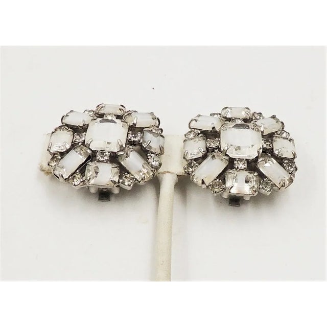 Metal Vintage 1960s Kramer Rhodium Plated White Givre Clip Earrings - 2 Pieces For Sale - Image 7 of 9
