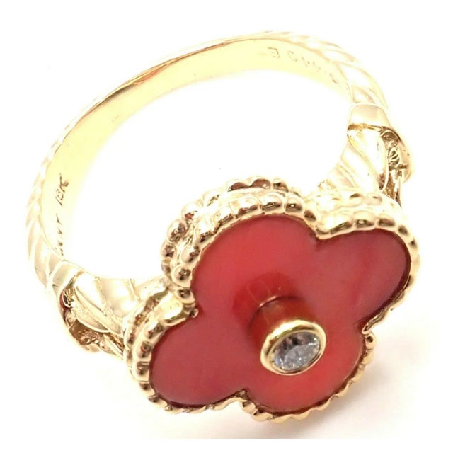 Van Cleef & Arpels Alhambra 18k Yellow Gold Coral Diamond Ring, size 4.75 For Sale - Image 9 of 10