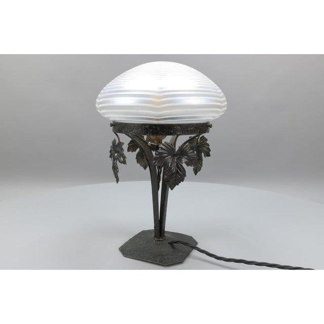 Art Nouveau French White Iridescent Glass and Wrought Iron Table Lamp, 1920s For Sale - Image 14 of 18