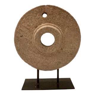 Large Antique Stone Wheel on a Stand Sculpture For Sale
