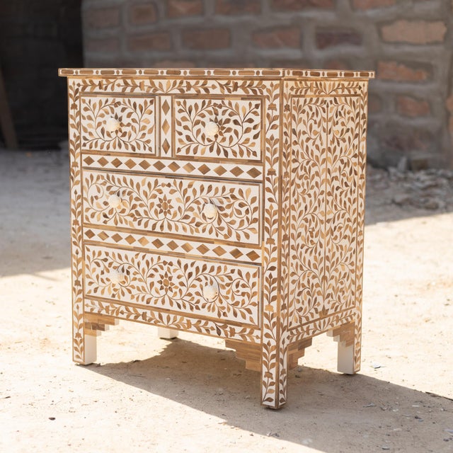Arabesque Teak Wood Inlay Four-Drawer Chest by House of Jaipur For Sale - Image 6 of 7