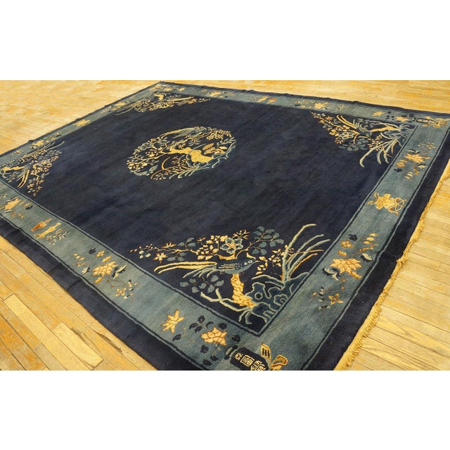 Textile Radiant Navy Blue Color With Beautiful Florid Design Antique Chinese Peking Rug For Sale - Image 7 of 12