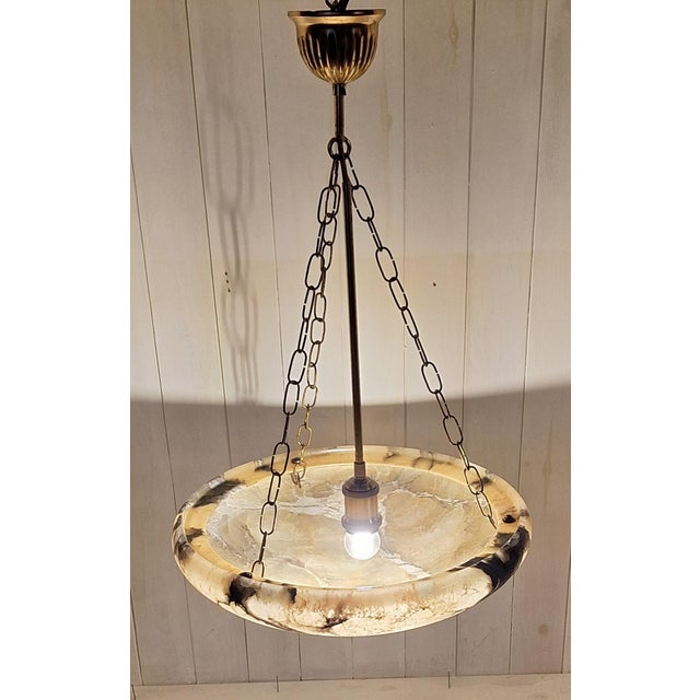 Art Deco Hanging Lamp with Heavily Grained Alabaster Bowl, 1930s For Sale - Image 3 of 7