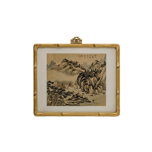 Chinoiserie Mid 20th Century Framed Pair of Chinese Traditional ShanShui Landscape Paintings on Silk in Bamboo Gold-Toned Frames For Sale - Image 3 of 6