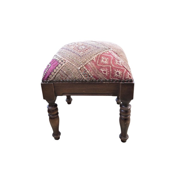 Amazing vintage square stool featuring Kutchi Indian Banjara fabric . Solid wood construction in excellent condition,...