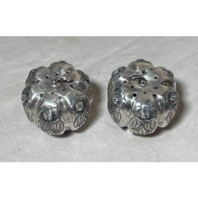 Antique Handmade Sterling Silver Repousse Pumpkin Fruit Salt and Pepper Shakers For Sale - Image 10 of 11
