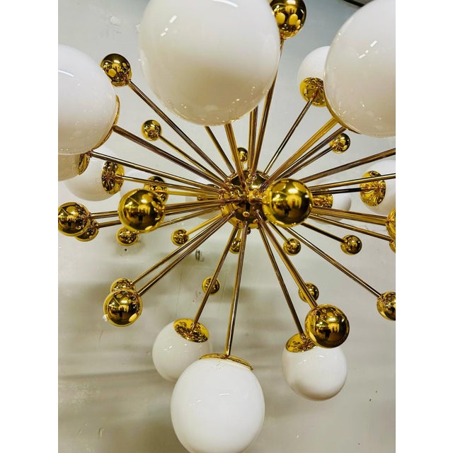 Metal Vintage Italian Sputnik Chandelier in Brass and Opaline Glass, 1970s For Sale - Image 7 of 9