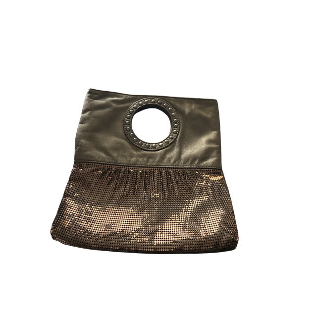 Vintage Whiting & Davis Metallic Mesh & Leather Foldover Clutch Purse – 1970s/1980s Convertible Evening Handbag with Ring...