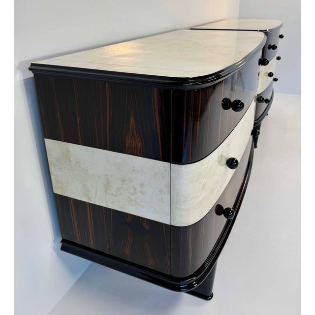 Twin Parchment and Exotic Wood Dressers, 1940s, Set of 2 For Sale - Image 11 of 17