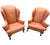 Circa 1960s Queen Anne style wingback chairs featuring custom coral Chinoiserie jacquard upholstery, tall shaped wings,...
