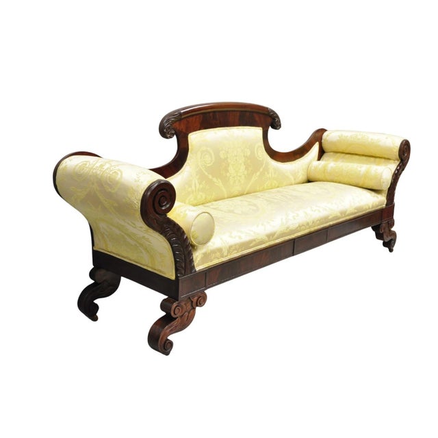 Antique American Empire Neoclassical Carved Mahogany Sofa with Gold Fabric. Item features beautiful wood grain, nicely...