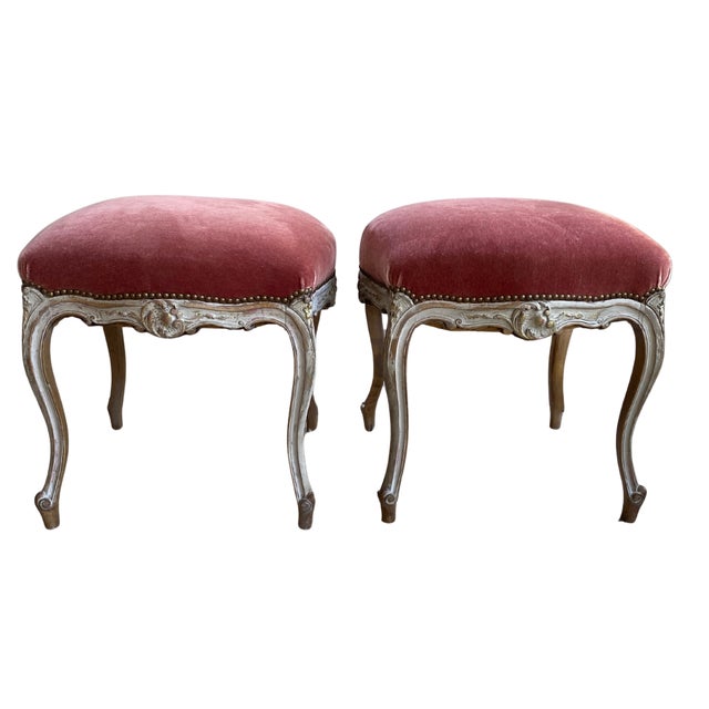 Pair of 19th Century French Provincial Mohair Footstools - Carved Serpentine Frames, Custom Finish and Dusty Rose Upholstery For Sale - Image 14 of 16