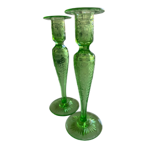 Pairpoint-Style Peridot Green Cut Glass Candlesticks — Circa 1930