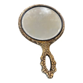 Antique Faux Antler Wood, Sterling Emblem, Beveled Hand Mirror For Sale