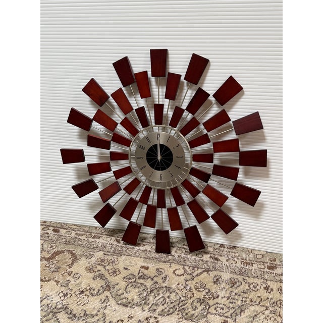 Wood Kenneth Wingard Mid 20th Century Inspired Sunburst Wall Clock For Sale - Image 7 of 12