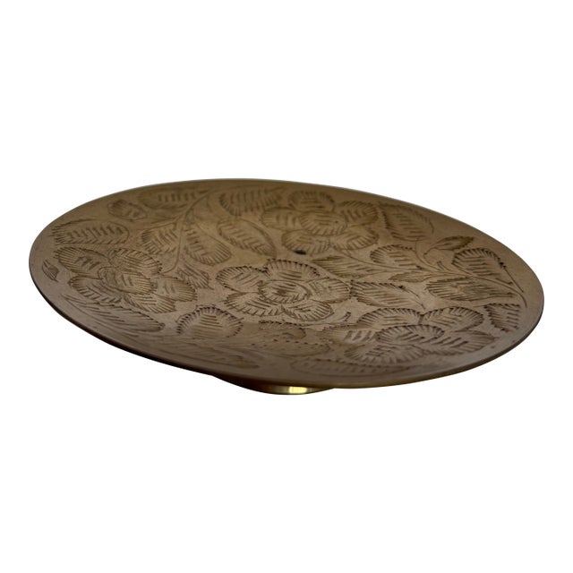 Vintage Hand-Engraved Indian Brass Pedestal Dish For Sale