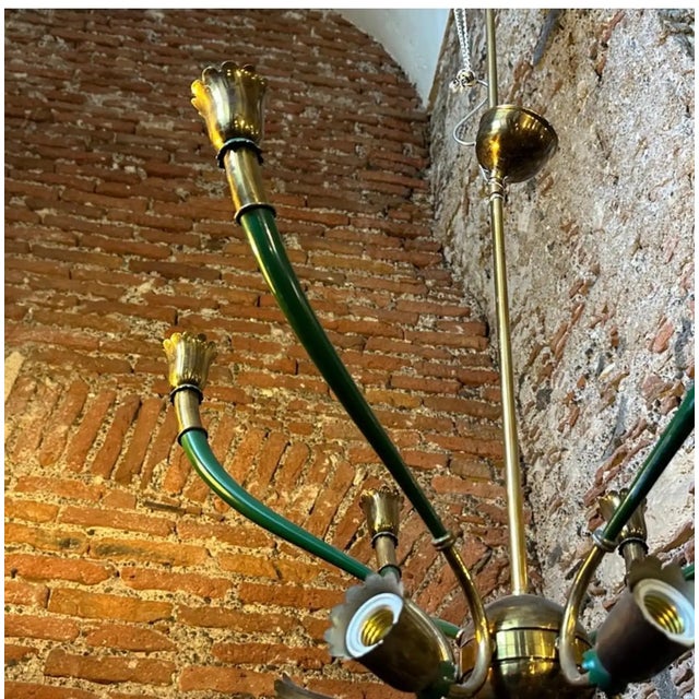 1960s Mid-Century Modern Green Painted Metal and Brass Italian Chandelier For Sale - Image 9 of 9