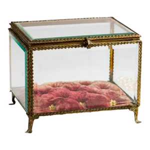 Large 19th C. French Beveled Glass Tufted Raspberry Velvet Jewelry Box Vitrine