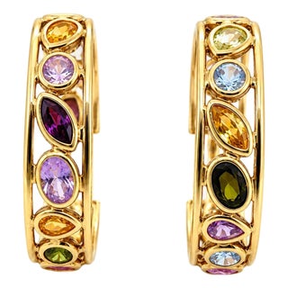 Italian Gemstone Hoop Earrings, A Pair For Sale