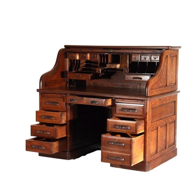 Arts & Crafts Antique Derby Oak Raised Panel S-Roll Top Desk With Carved Pulls C1920 For Sale - Image 3 of 13