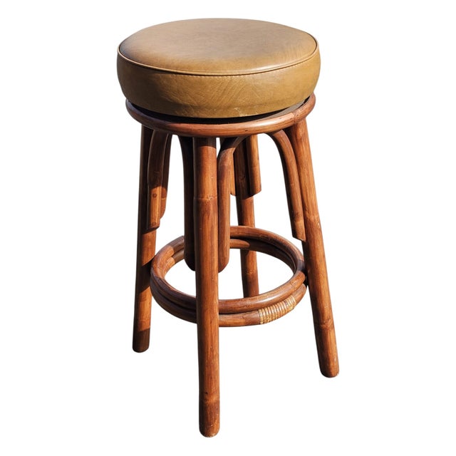 Hollywood Regency Set of Four Mid Century Bamboo Swivel Bar Stools For Sale - Image 3 of 8
