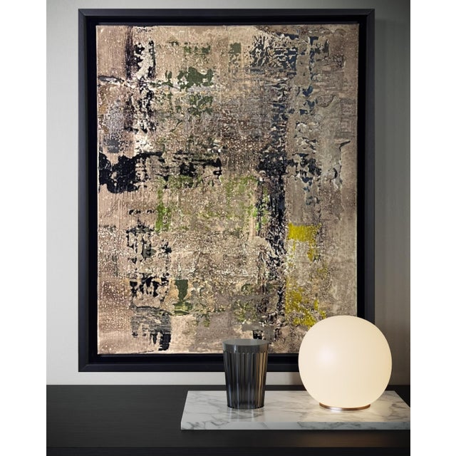 Original abstract painting by J. Kent Martin featuring muted olive, moss green, soft blue, and warm neutral tones in a...