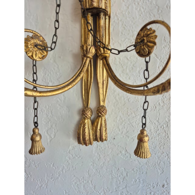 1920s Antique Pair of Italian Candle Power Neoclassical Carved Wood Wall Sconces For Sale - Image 5 of 6