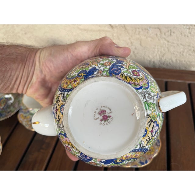 White Vintage English Bone China Rosina Flower & Paisley Pattern Teapot With 6 Cups and Saucers For Sale - Image 8 of 8