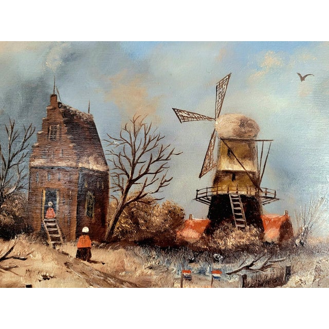 Dutch Artist, Winter Landscape with Windmill and Skaters, Oil on Board, 1950s For Sale - Image 4 of 10