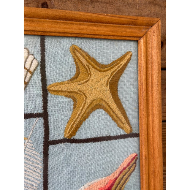 Vintage Coastal Needlepoint Seashell Textile Art in Wood Frame For Sale - Image 10 of 11