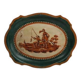Oval Fishing Scene Toile Ceramic Decorative Tray For Sale
