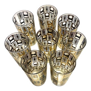 1960s Culver 22k Gold Highball Glasses W/ Caddy – Set of 8 – MCM Barware, Black & Gold Geometric For Sale