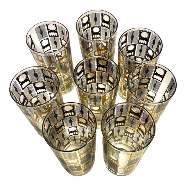 1960s Culver 22k Gold Highball Glasses W/ Caddy – Set of 8 – MCM Barware, Black & Gold Geometric For Sale