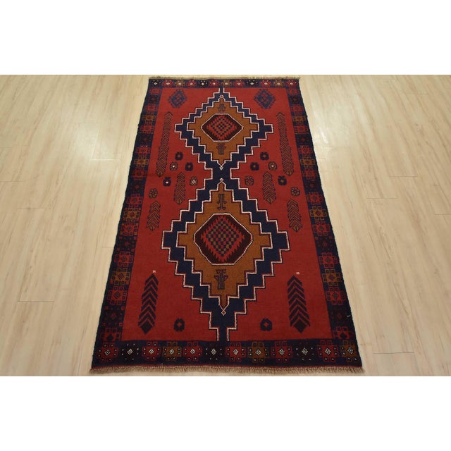 Cabin Baloch Rug 3’10” X 6’5” Red Wool Vintage Tribal Hand-Knotted Oriental Carpet For Sale - Image 3 of 14