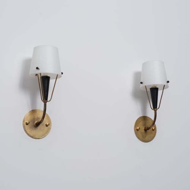 Italian Brass, Black Metal and Opaline Glass Wall Sconces, 1950s, Set of 2 For Sale - Image 6 of 11