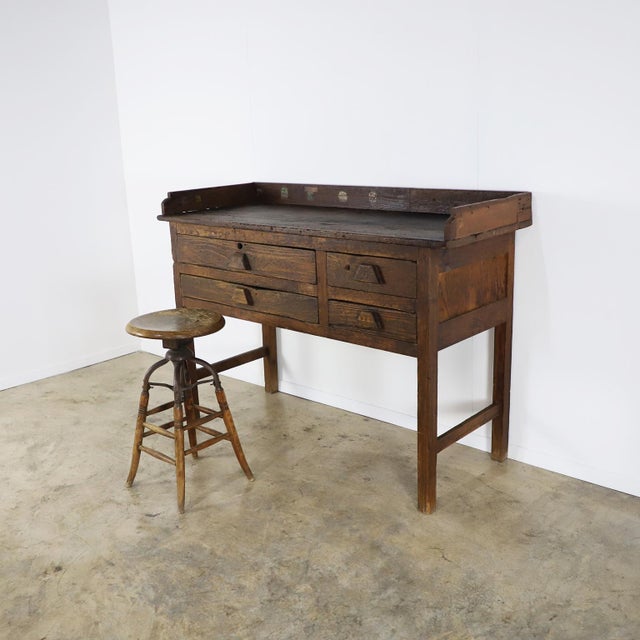 Circa 1930. We offer a most unique antique Mexican Industrial Jeweler's Bench Work Table with outstanding patina. The...