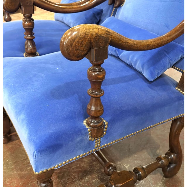 Wood Pair of 19th Century French Louis XIII Walnut High-Back Armchairs With Velvet For Sale - Image 7 of 11