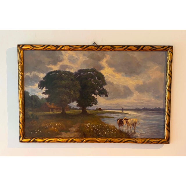 Rustic Pastoral Landscape with Cows by the Water, 20th Century, Oil on Canvas For Sale - Image 3 of 9